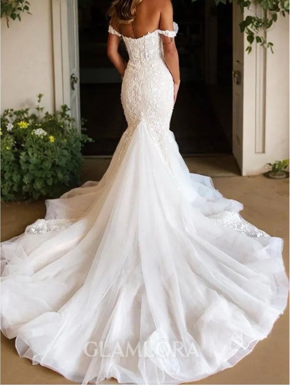 Off-Shoulder White Mermaid Bridal Gown with Lace Appliqué